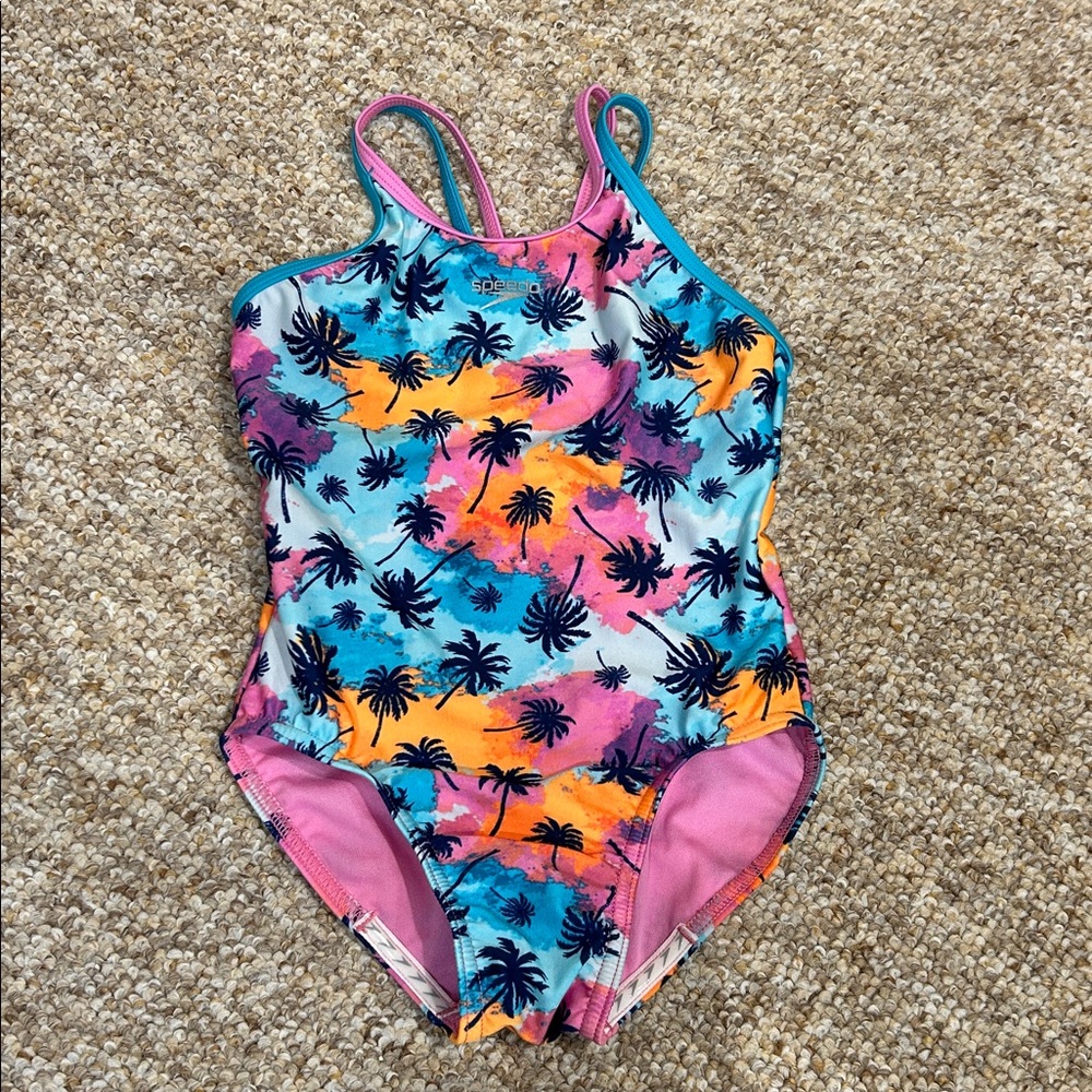 Speedo Girls Youth XS 5/6 Swimsuit - Blue Palm Trees One Piece NWOT